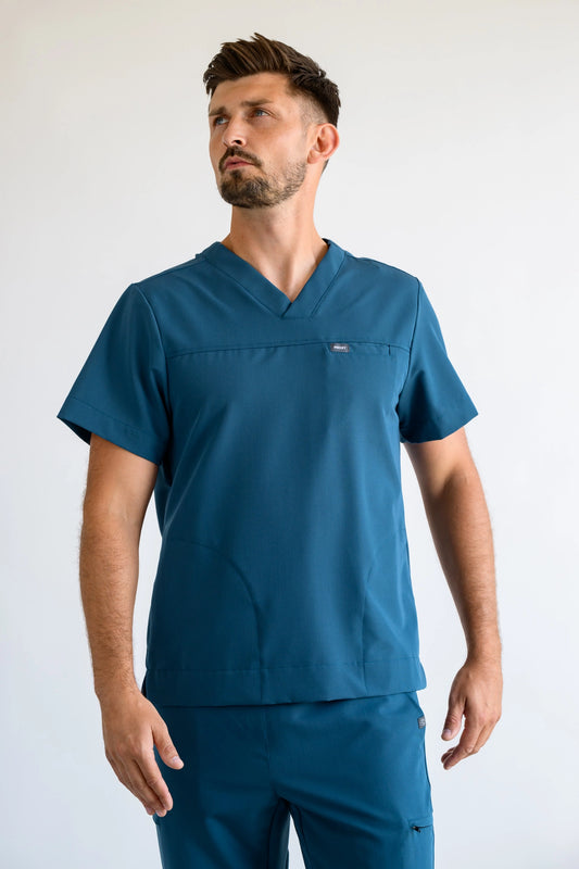 bluza medyczna męska z dekoltem w serek w kolorze niebieskim