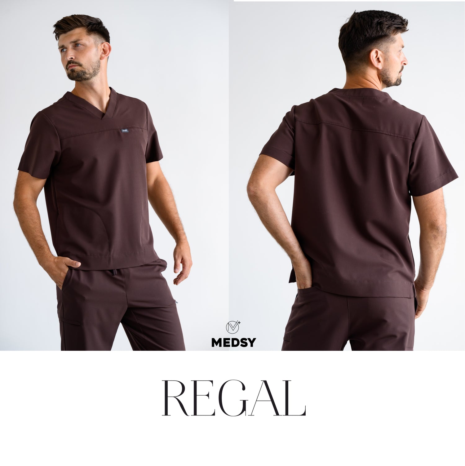 bluza medyczna męska brązowa z dekoltem w serek
